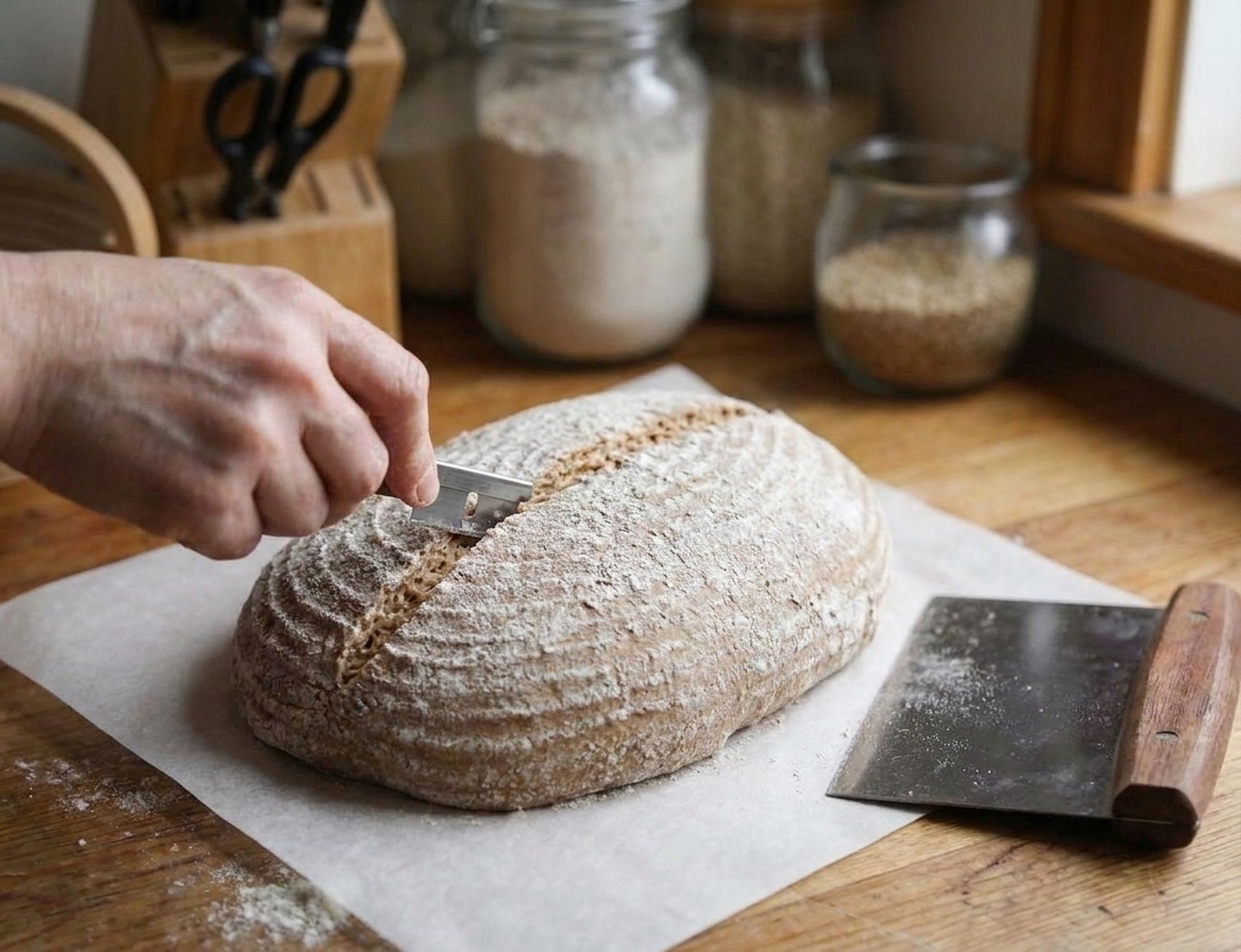 A shaped rye sourdough loaf on parchment being scored with a razor blade just before baking