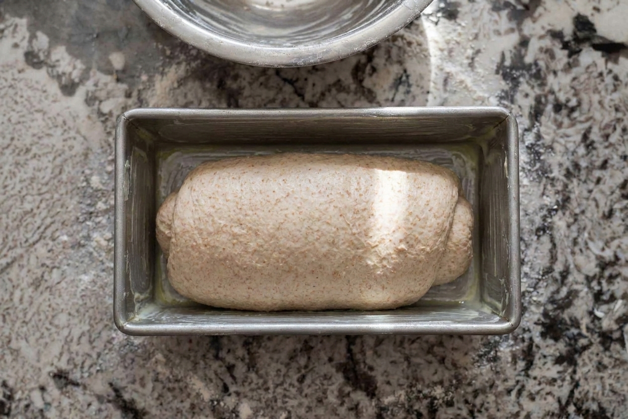 A shaped whole wheat bread dough log resting seam-side down in a greased loaf pan on a kitchen counter