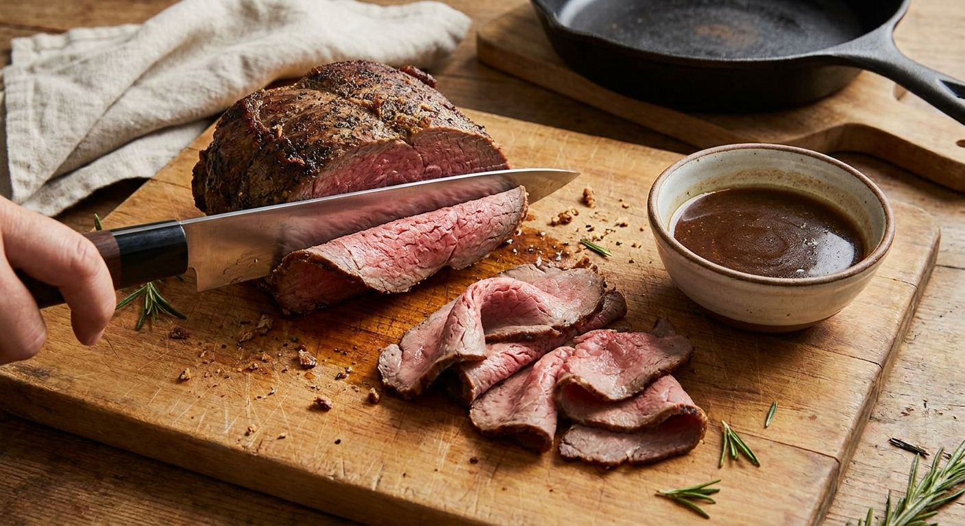 A sharp knife shaving very thin slices of roast beef on a wooden cutting board with a small bowl of au jus nearby, real food photography
