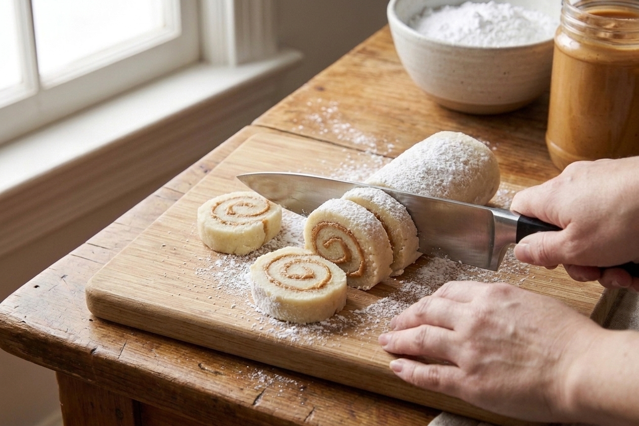 A sharp knife slicing a chilled potato candy log into pinwheel pieces on a cutting board