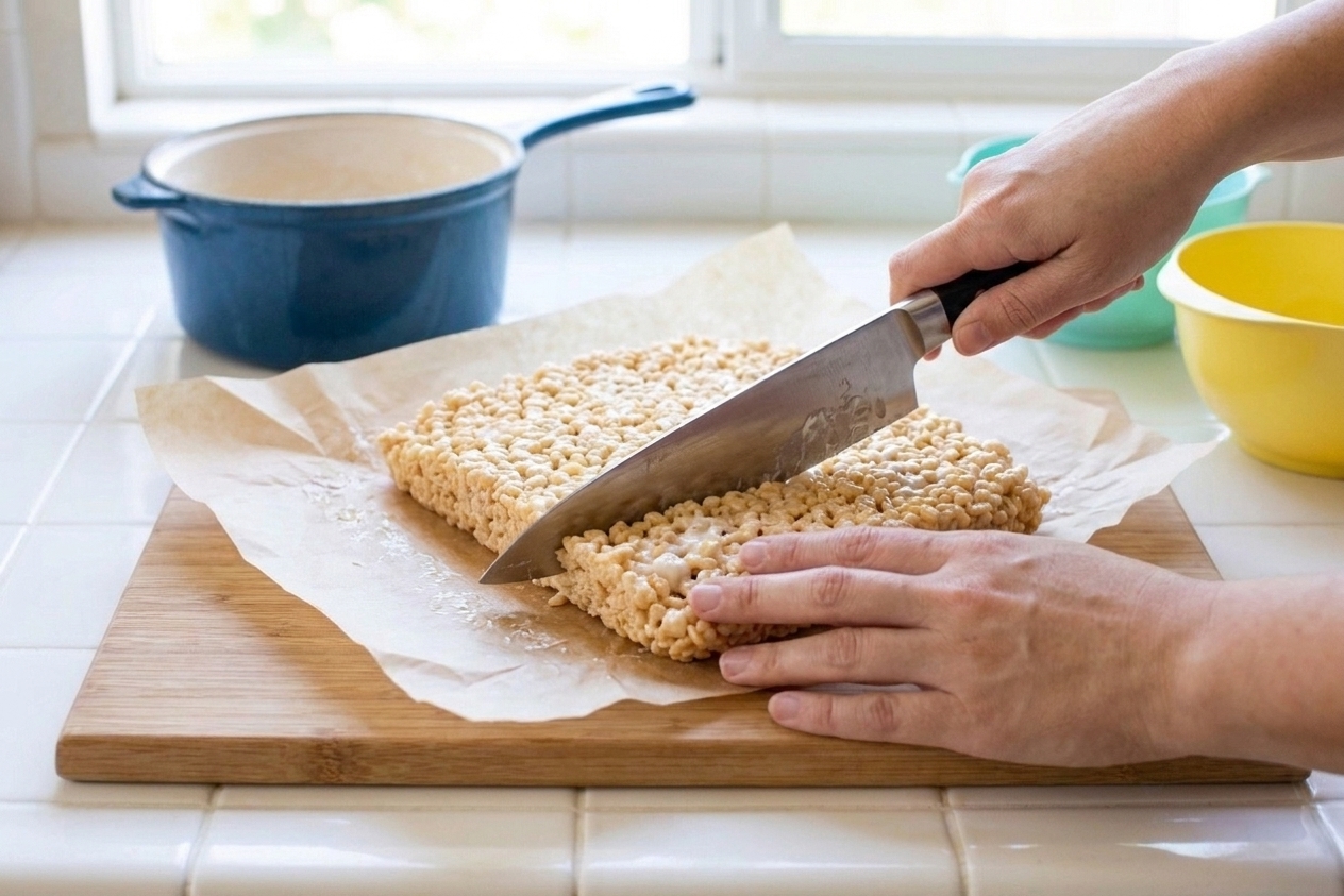 A sharp knife slicing cooled rice crispy bars on parchment paper on a wooden cutting board