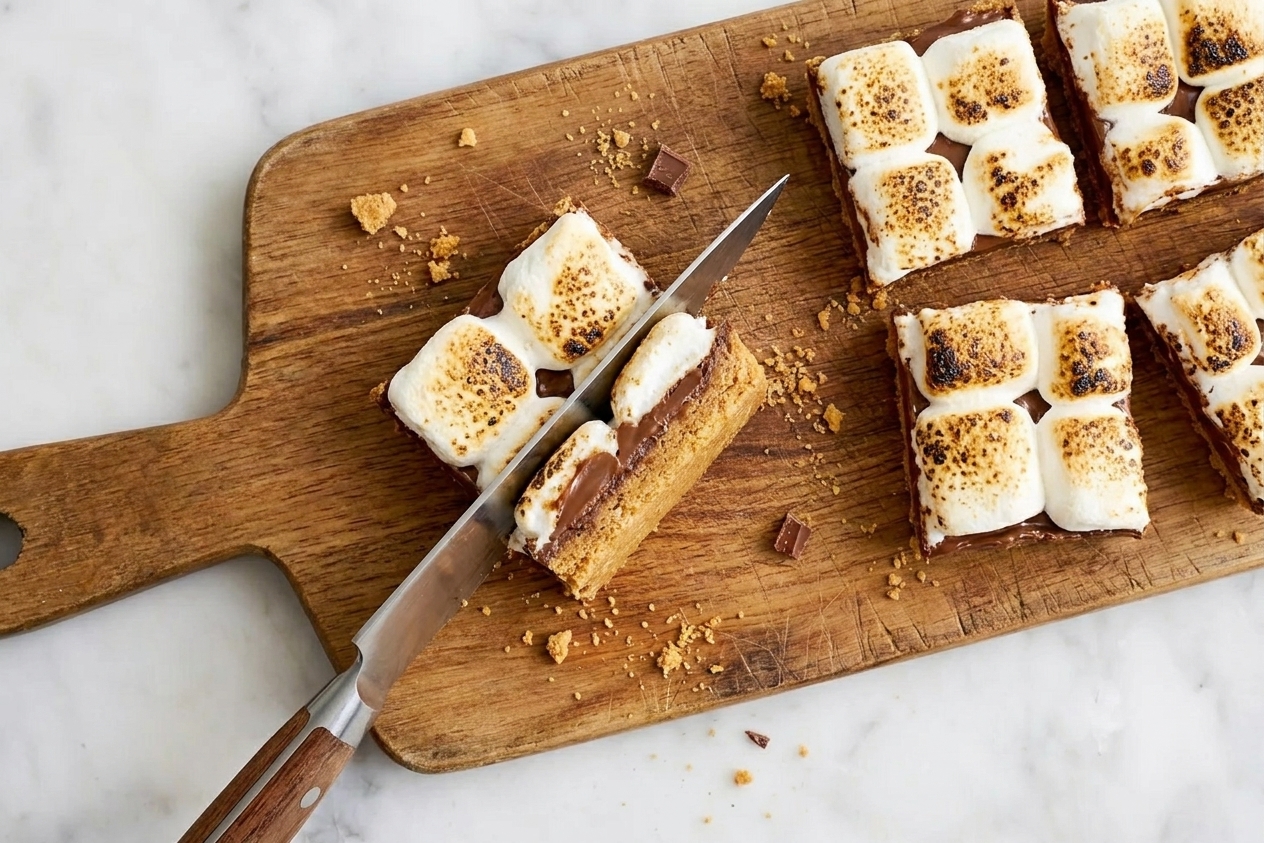 A sharp knife slicing cooled s’mores bars on a cutting board, showing layers of graham crust, melted chocolate, and toasted marshmallow