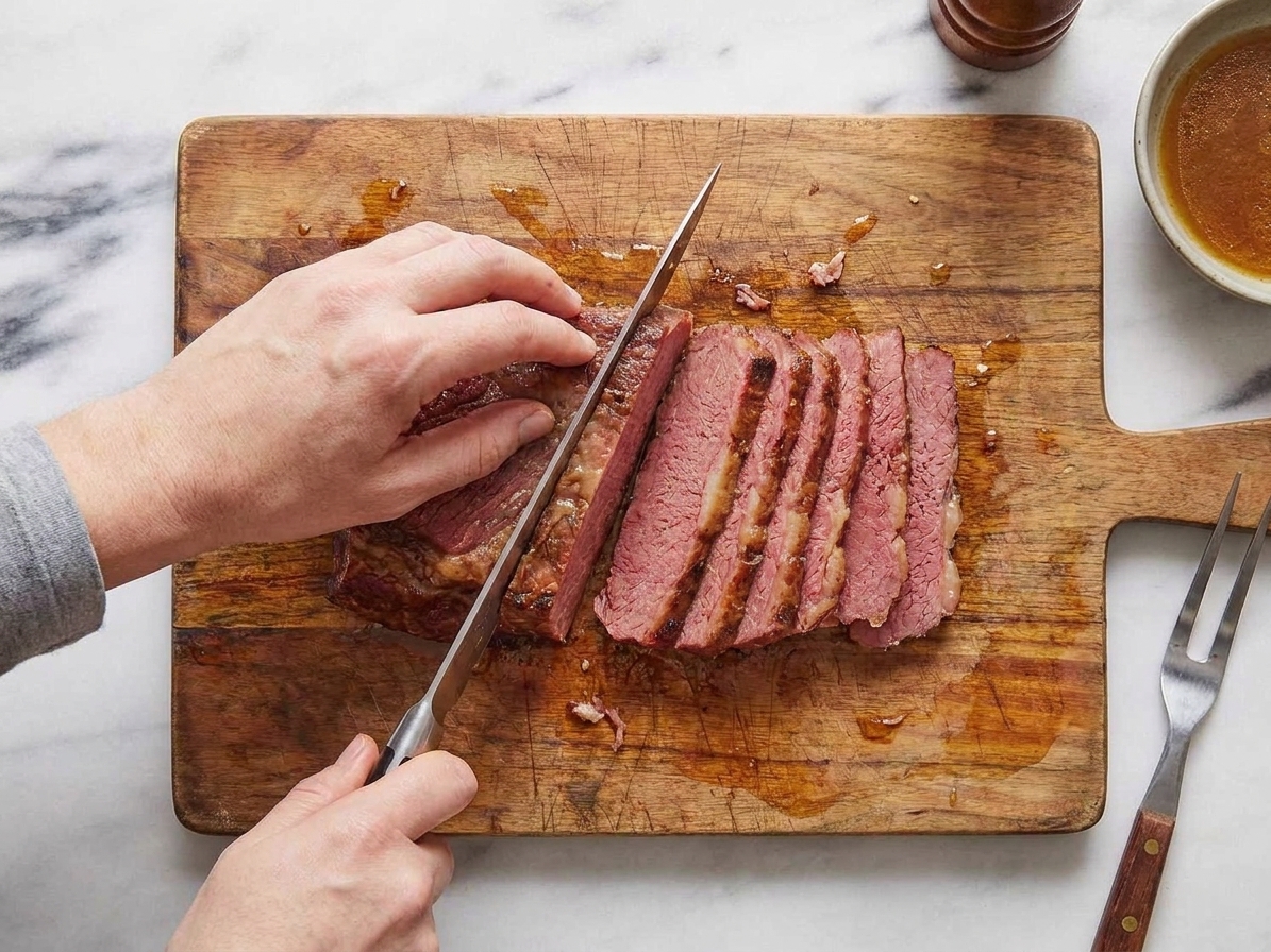 A sharp knife slicing corned beef brisket across the grain on a wooden cutting board, with visible pink slices fanned out
