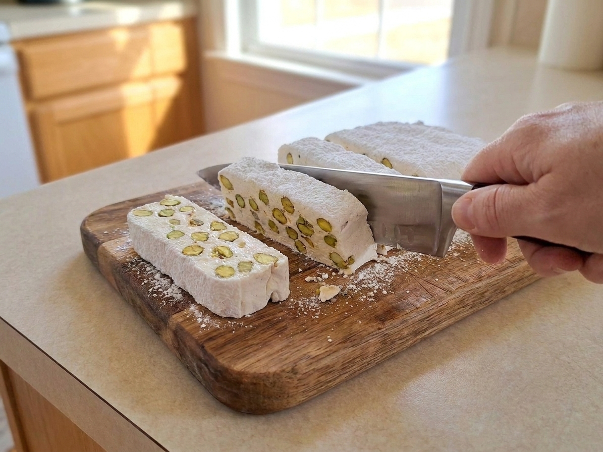 A sharp knife slicing pistachio nougat into neat squares on a wooden cutting board with powdered sugar