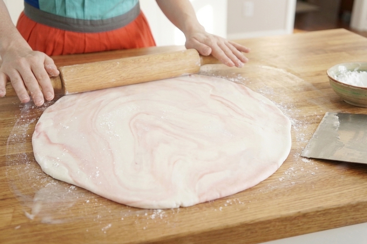 A sheet of fondant rolled with a subtle marbled swirl of two colors