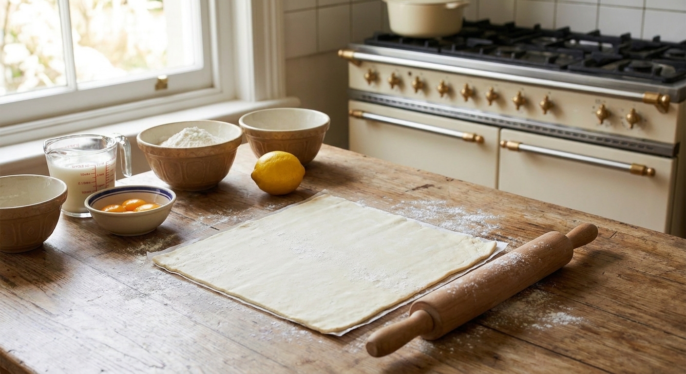 A sheet of puff pastry on a lightly floured counter with a rolling pin nearby, ready to be rolled into a rectangle in warm natural light