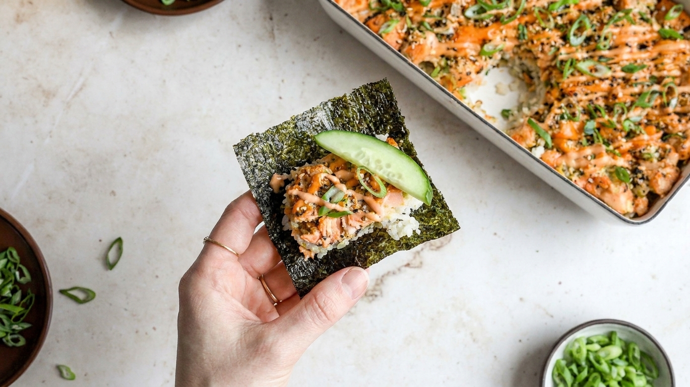 A sheet of roasted seaweed topped with a bite of salmon sushi bake and sliced cucumber over a casual dinner table setting