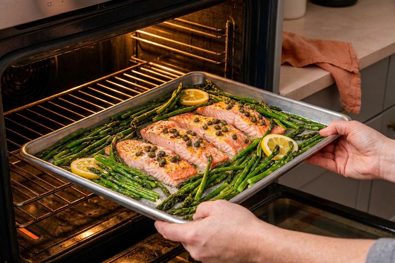 A sheet pan being slid into a preheated oven with salmon fillets and asparagus arranged in neat rows, warm kitchen lighting