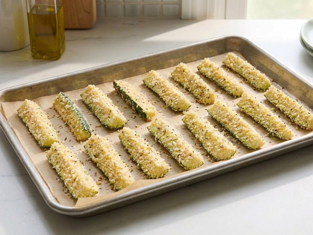 A sheet pan holding breaded zucchini sticks spaced apart before baking