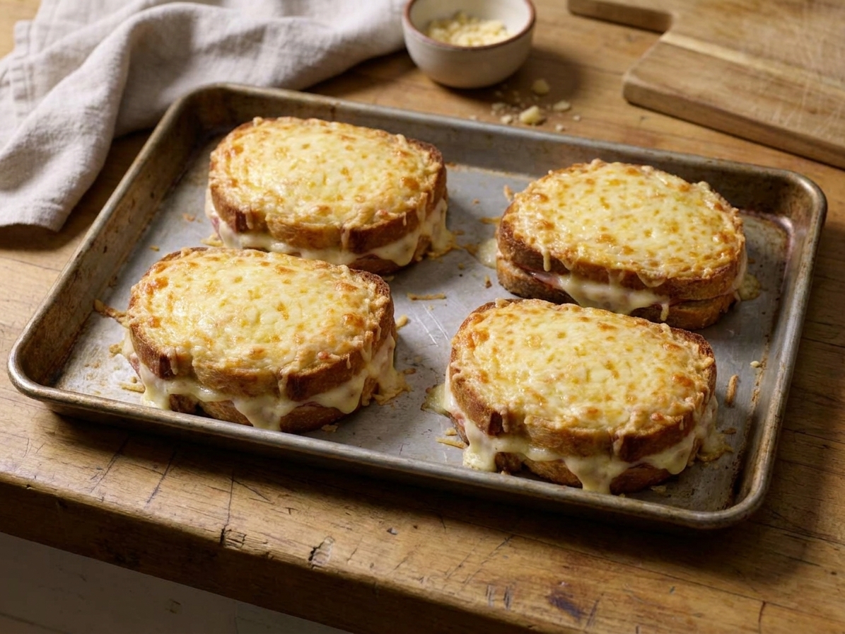 A sheet pan holding four baked croque monsieur sandwiches with browned, bubbling cheese and béchamel on top in a home kitchen