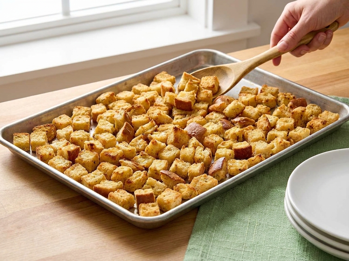 A sheet pan holding lightly golden bread cubes that look dry and crisp at the edges