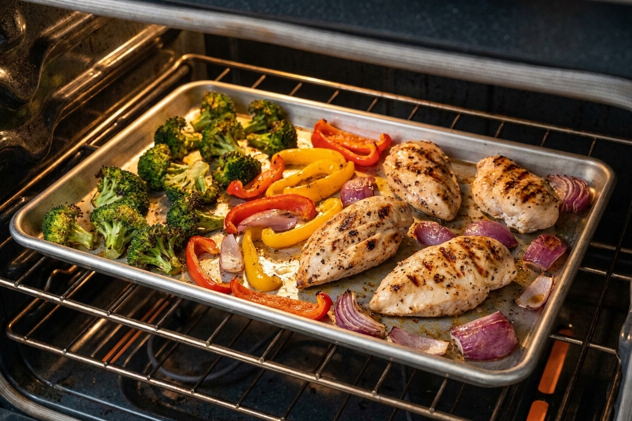 A sheet pan in the oven with broccoli, bell peppers, red onion, and chicken roasting with visible browned edges