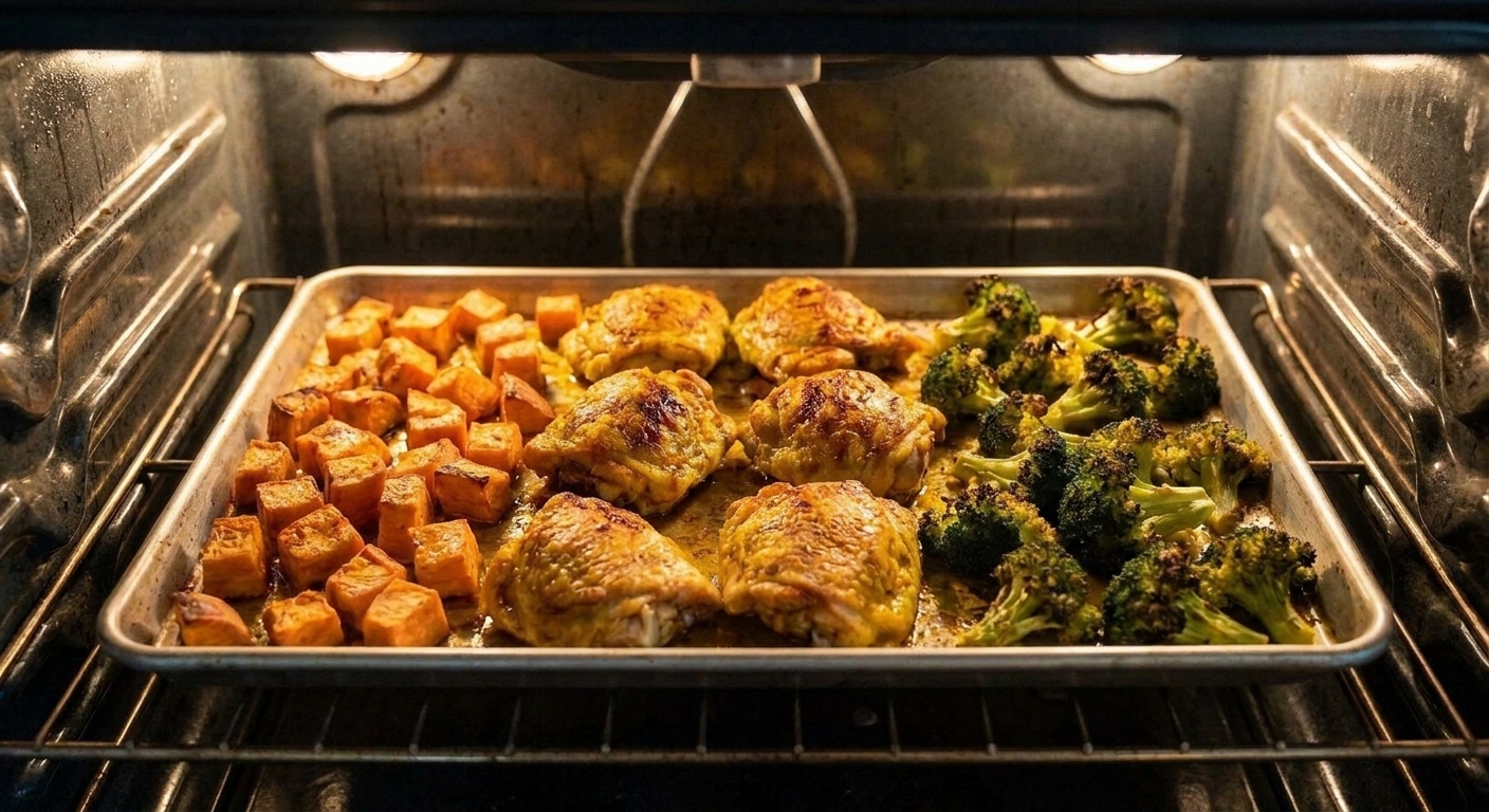 A sheet pan in the oven with chicken thighs, sweet potato chunks, and broccoli florets roasting with visible golden seasoning