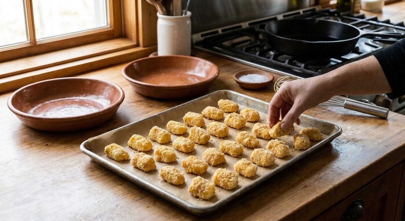 A sheet pan lined with parchment holding a single layer of breaded cheese curds before frying