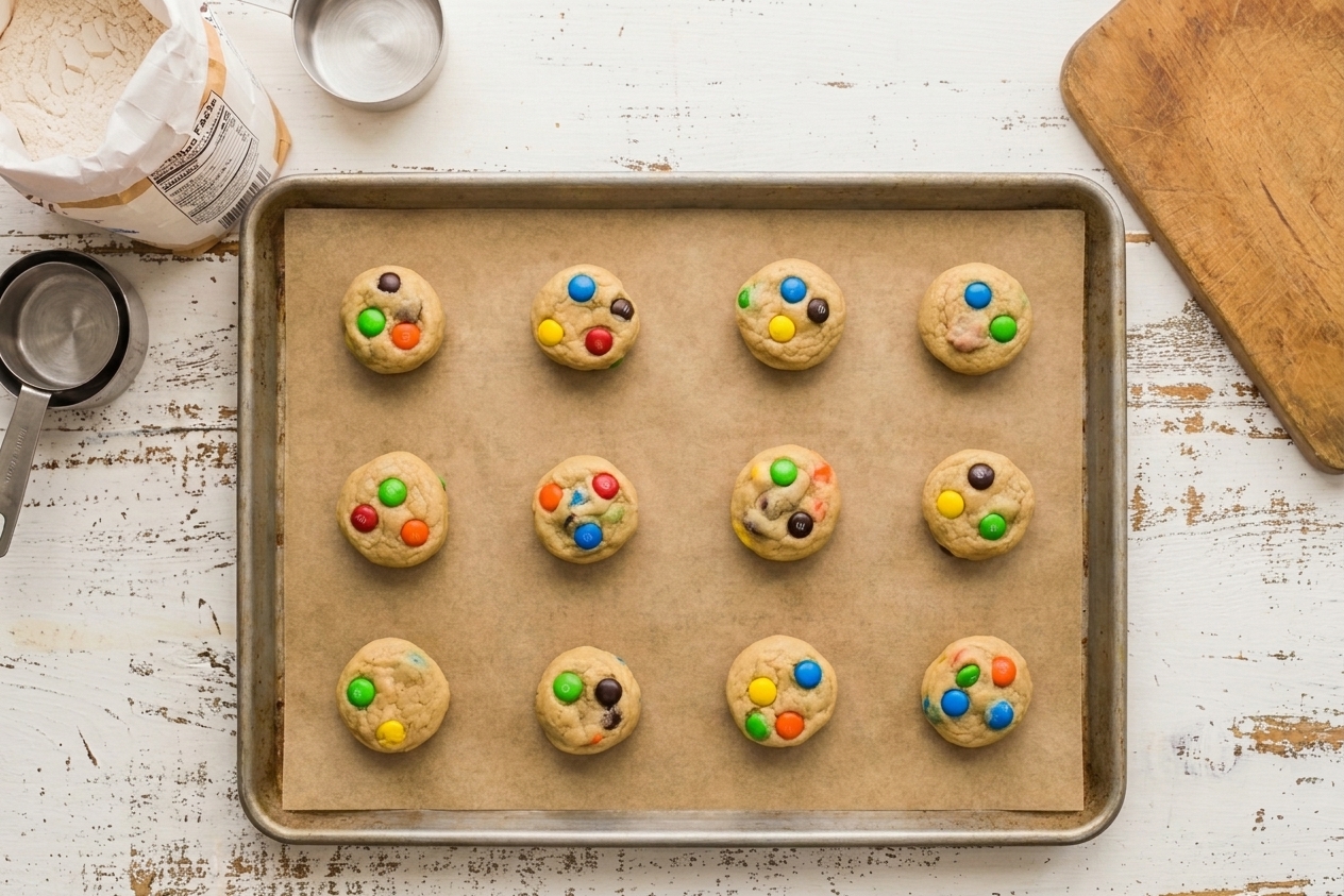 A sheet pan lined with parchment holding evenly spaced balls of M&M cookie dough, with extra candies pressed on top