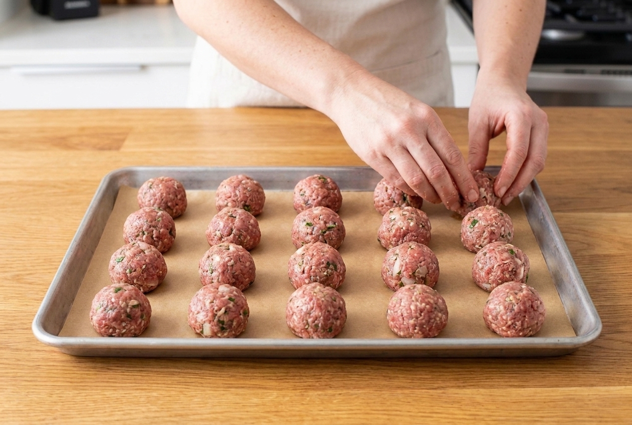 A sheet pan lined with parchment holding evenly spaced raw meatballs ready for the oven