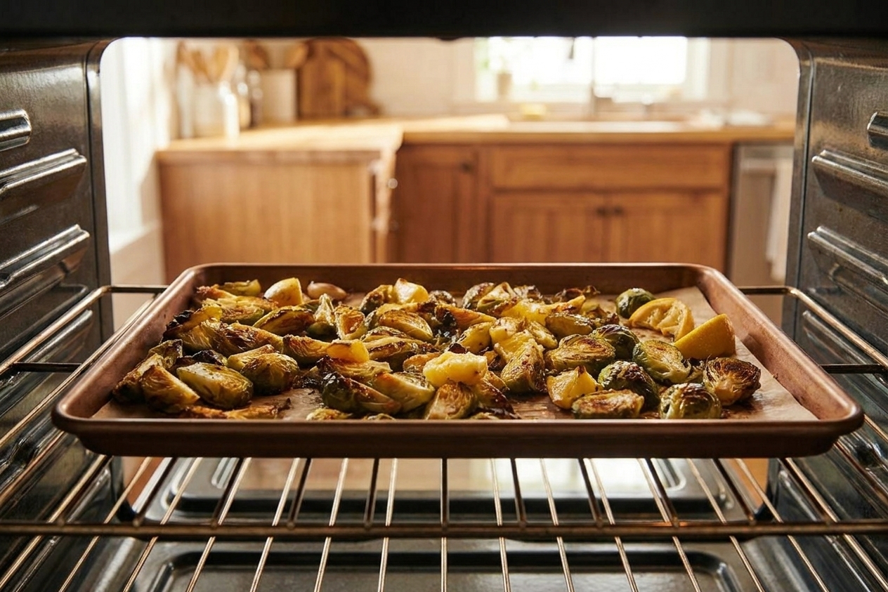 A sheet pan of Brussels sprouts roasting on the middle rack of a home oven, arranged cut side down and browning