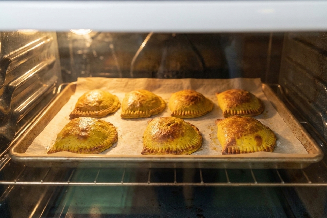 A sheet pan of Jamaican beef patties baking in the oven, crusts turning golden with lightly browned edges