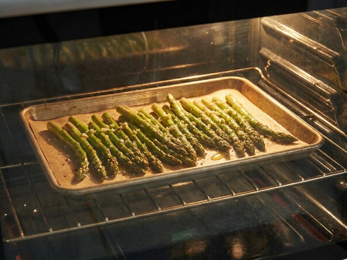 A sheet pan of asparagus roasting on the middle rack of a home oven, visible through the oven window