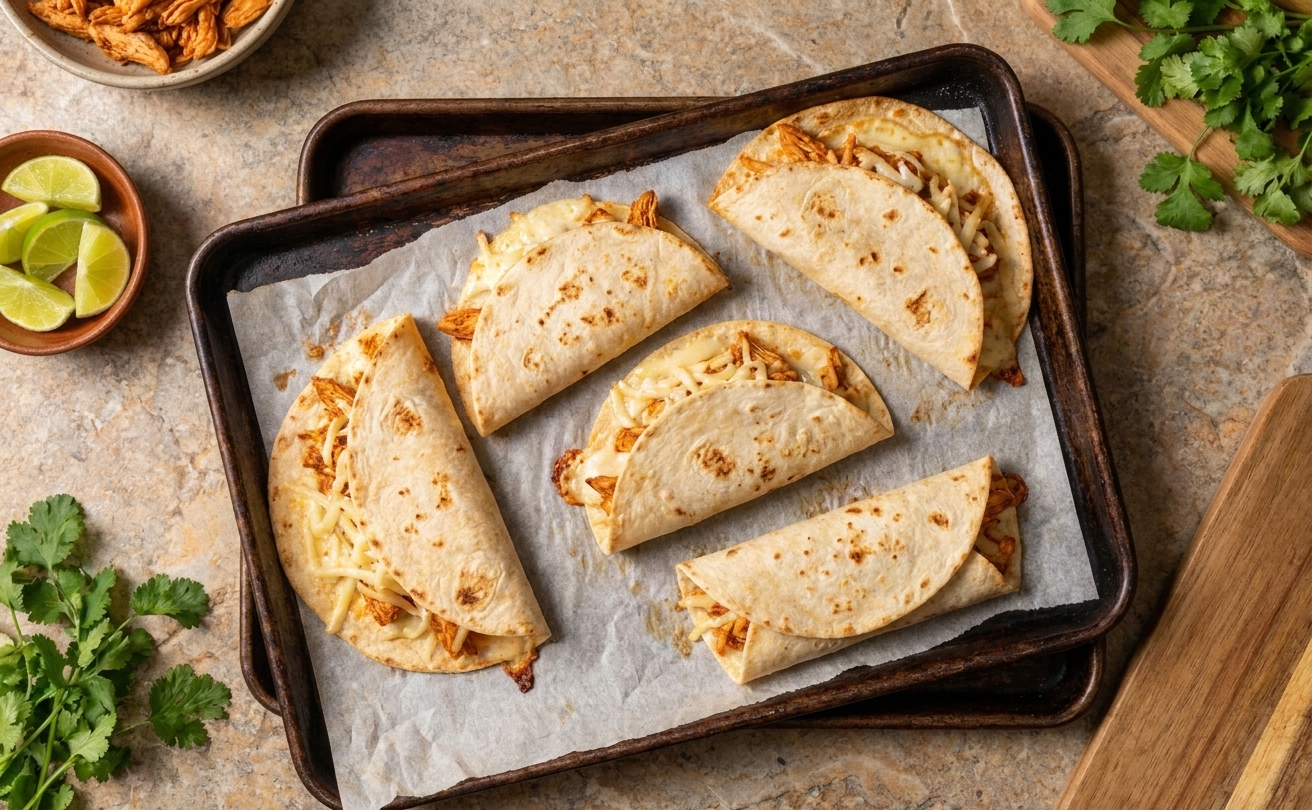 A sheet pan of baked chicken tacos with golden browned tortilla edges and melted cheese