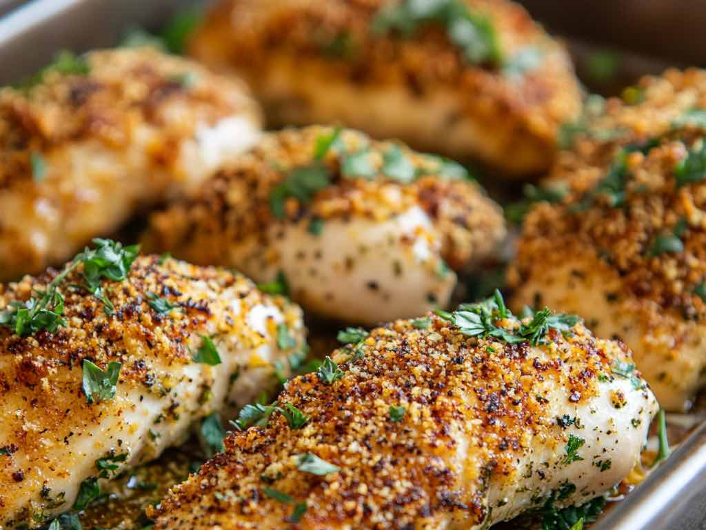 A sheet pan of baked chicken tenderloins with golden browned edges, lemon wedges, and chopped parsley on a neutral kitchen counter under warm light