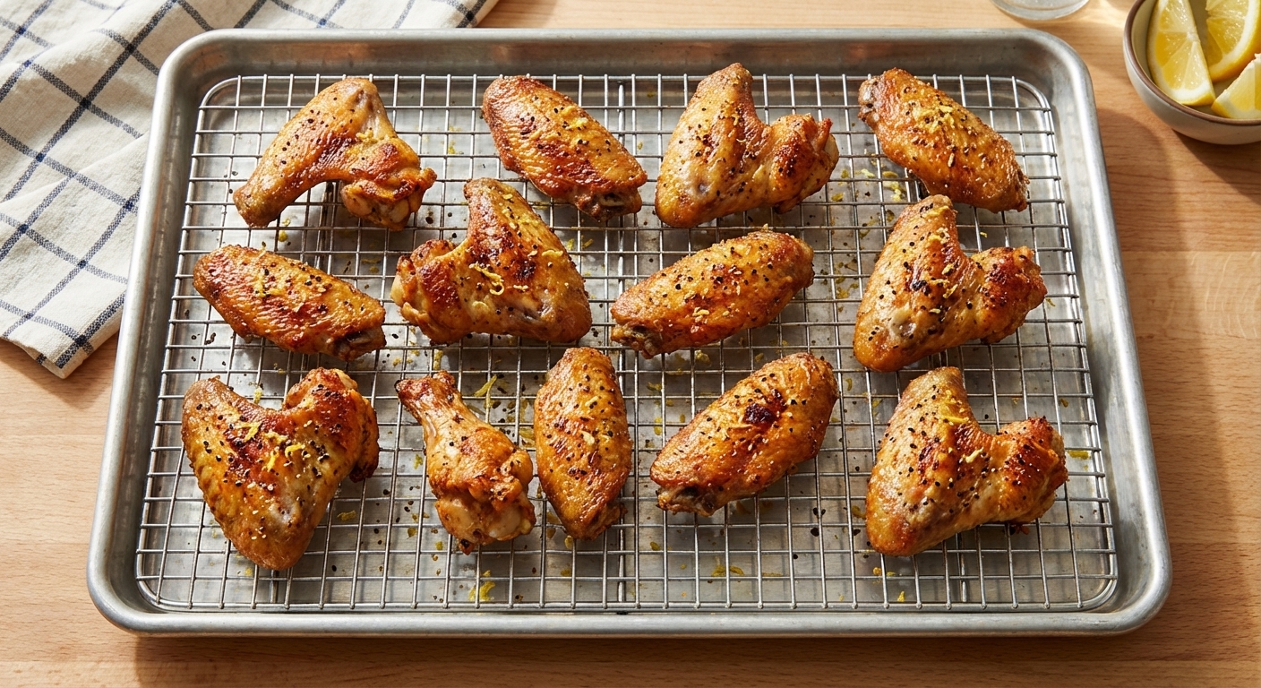 A sheet pan of baked chicken wings arranged in a single layer on a wire rack, deeply golden and crisp, with visible pepper and lemon zest, photographed from above in bright kitchen light