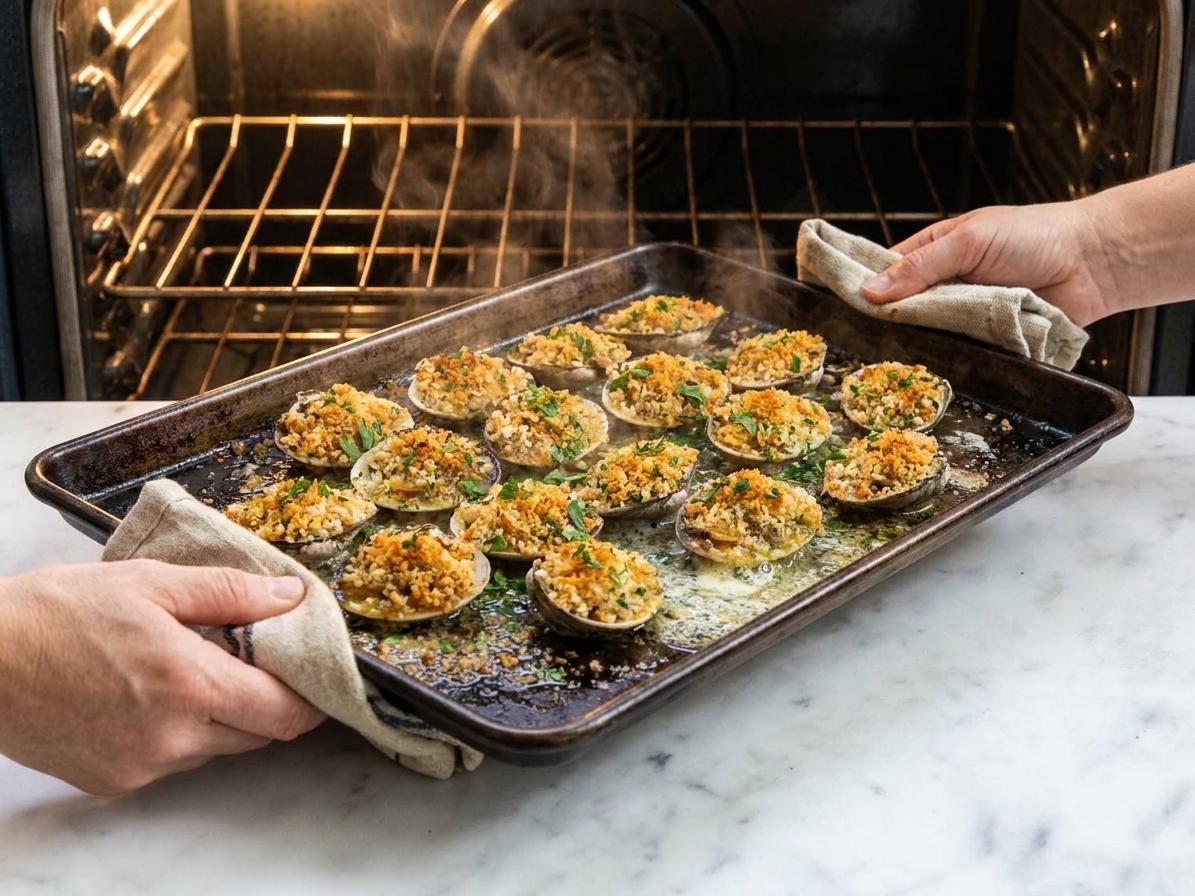 A sheet pan of baked clams topped with golden breadcrumbs and parsley coming out of the oven
