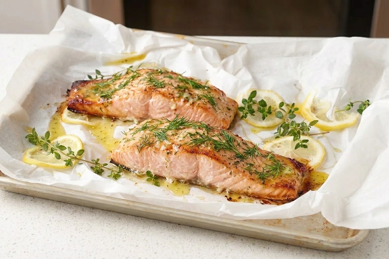 A sheet pan of baked salmon fillets with glossy lemon garlic butter sauce, browned edges, and fresh dill on top, on a warm toned kitchen counter