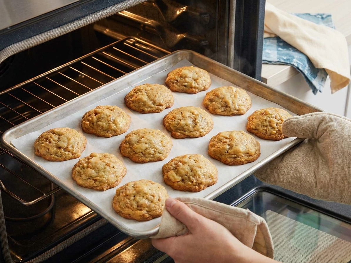 A sheet pan of banana bread cookies baking in an oven with edges turning lightly golden