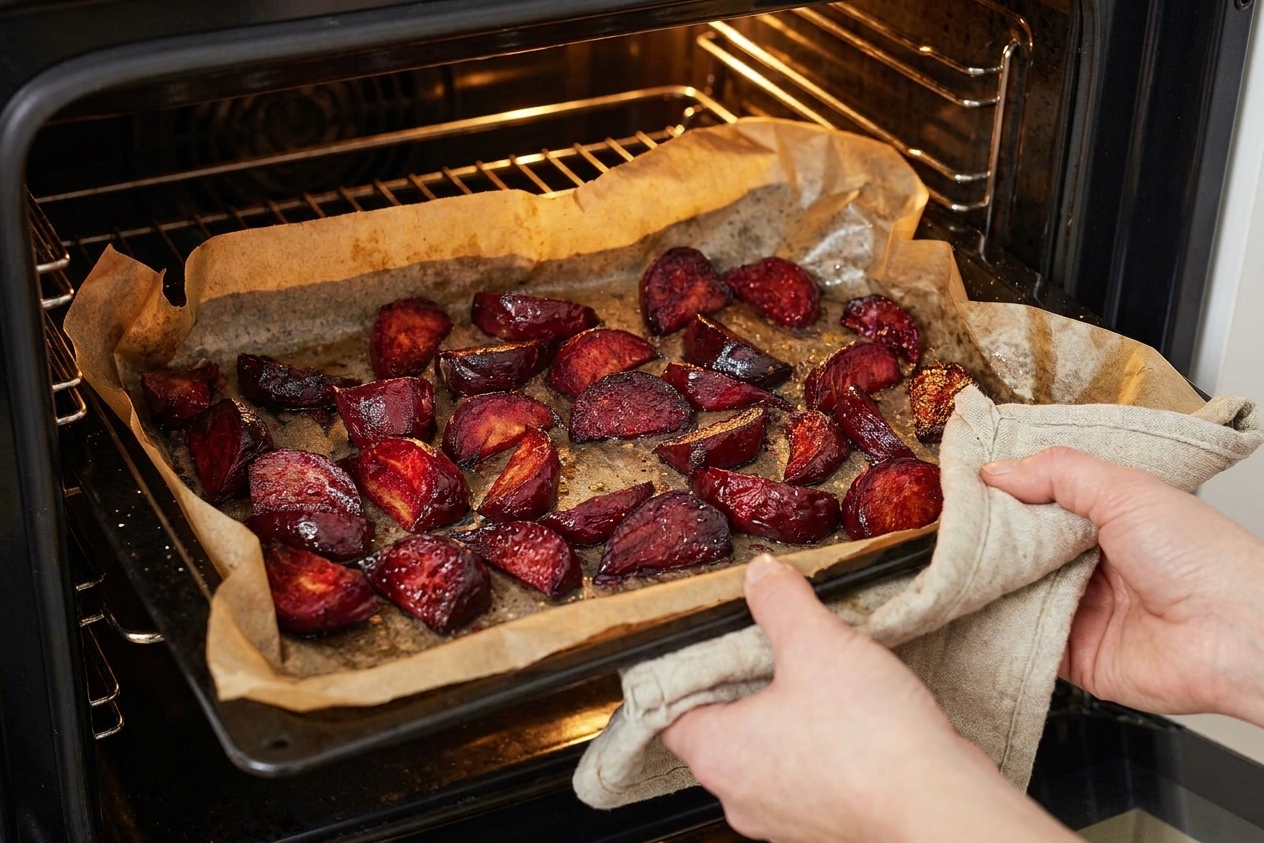 A sheet pan of beet wedges roasting in an oven as the edges begin to brown