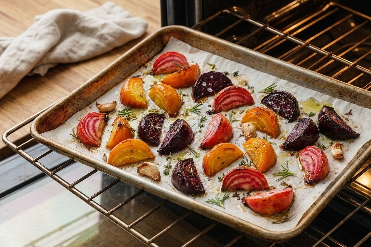 A sheet pan of beetroot roasting on an oven rack with lightly caramelized edges visible under warm oven light