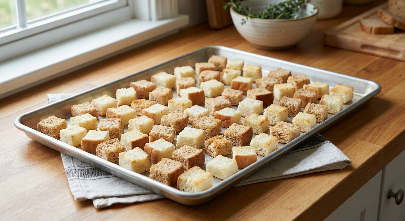A sheet pan of bread cubes drying out before being used for stuffing