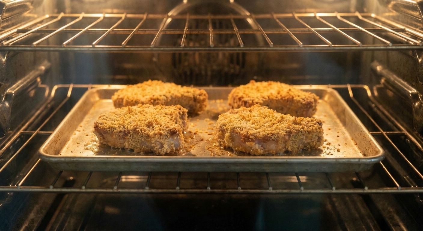 A sheet pan of breaded pork chops on the middle rack of a home oven with warm oven light