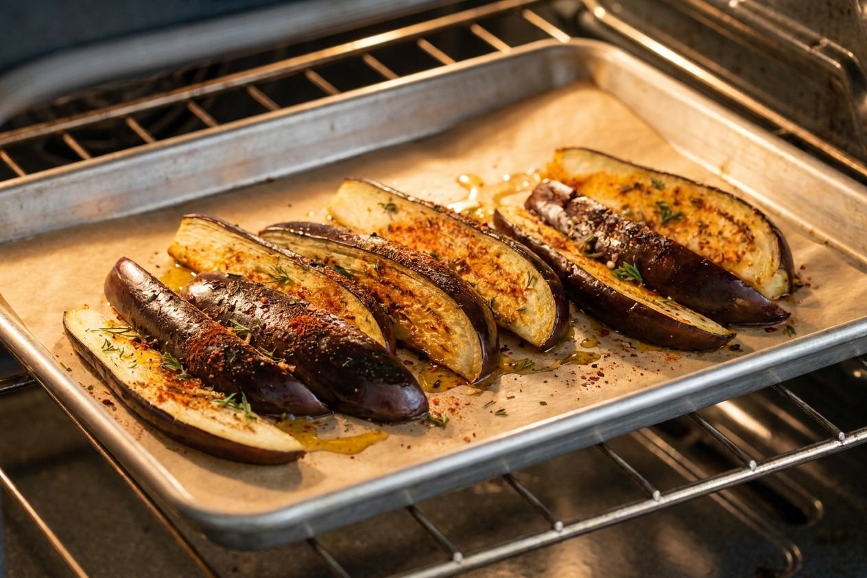 A sheet pan of brinjal wedges roasting on an oven rack, edges beginning to caramelize