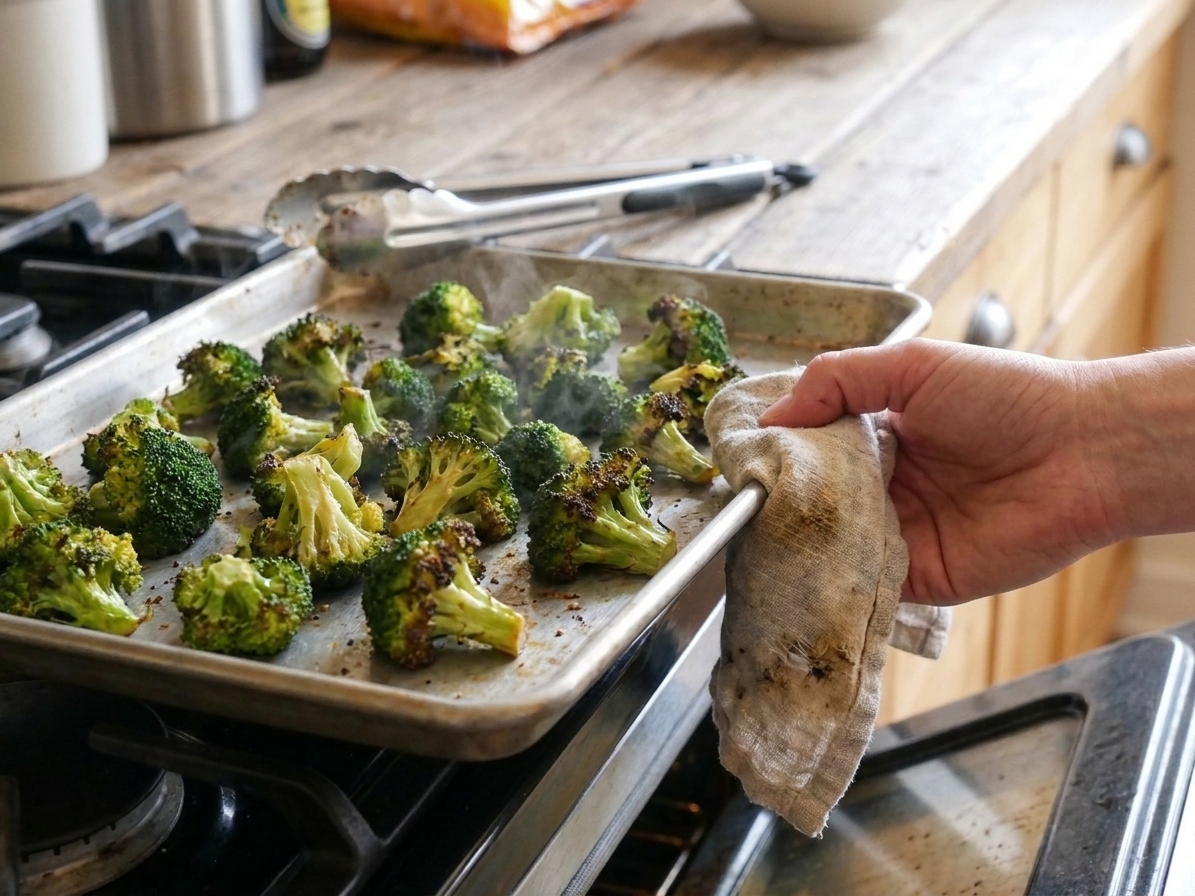 A sheet pan of broccoli florets with browned edges coming out of an oven, with a kitchen towel and tongs nearby on a home stove setup