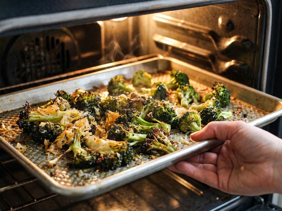 A sheet pan of broccoli roasting in an oven with browned edges beginning to form, warm kitchen lighting