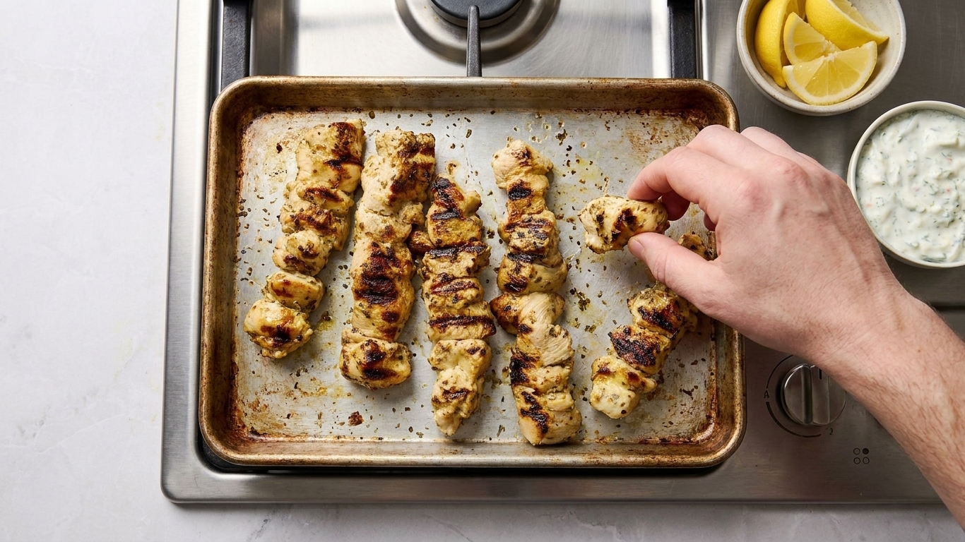 A sheet pan of broiled chicken souvlaki pieces with browned edges, resting on a stovetop next to lemon wedges