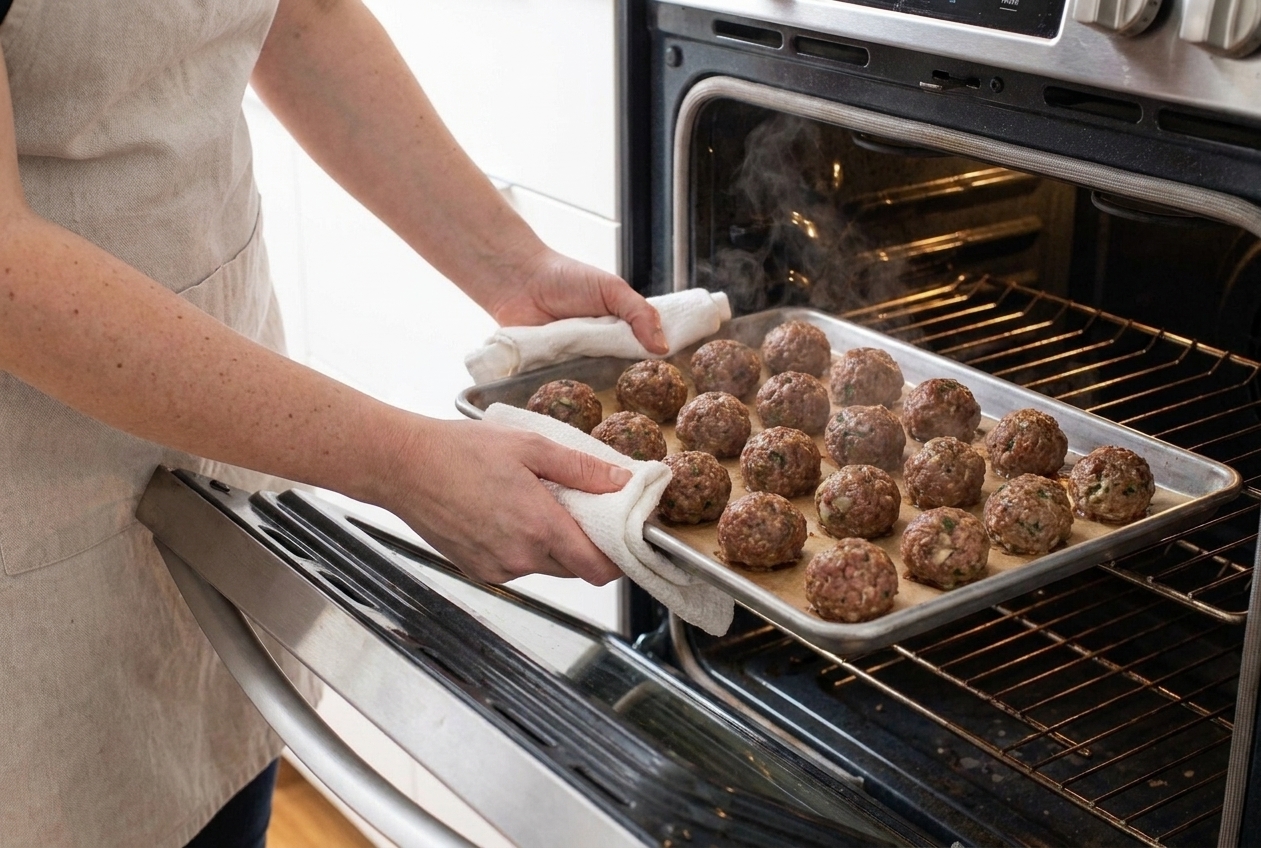 A sheet pan of browned baked meatballs being pulled from the oven with a kitchen towel