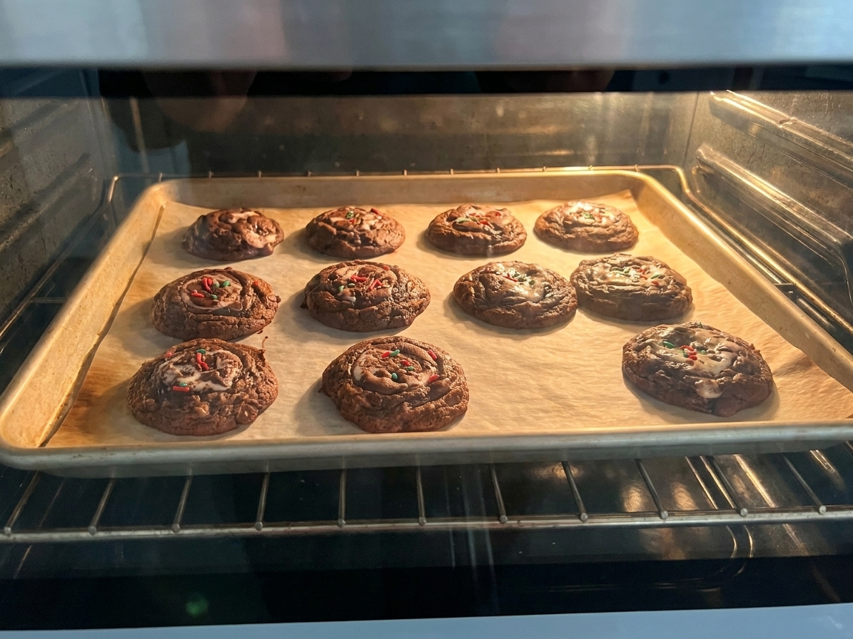A sheet pan of brownie cookies baking in an oven with the oven light on