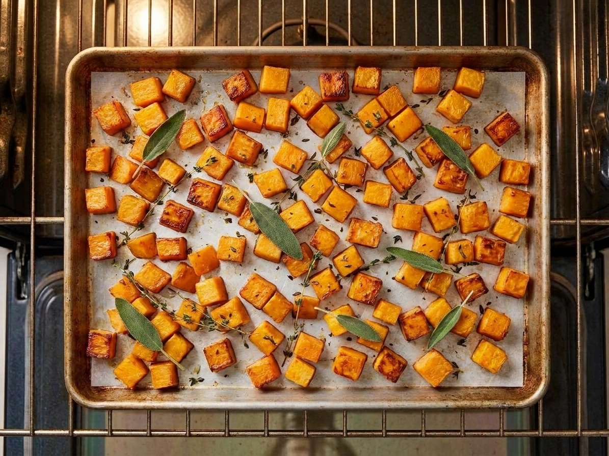 A sheet pan of butternut squash cubes roasting on an oven rack, with cubes starting to brown