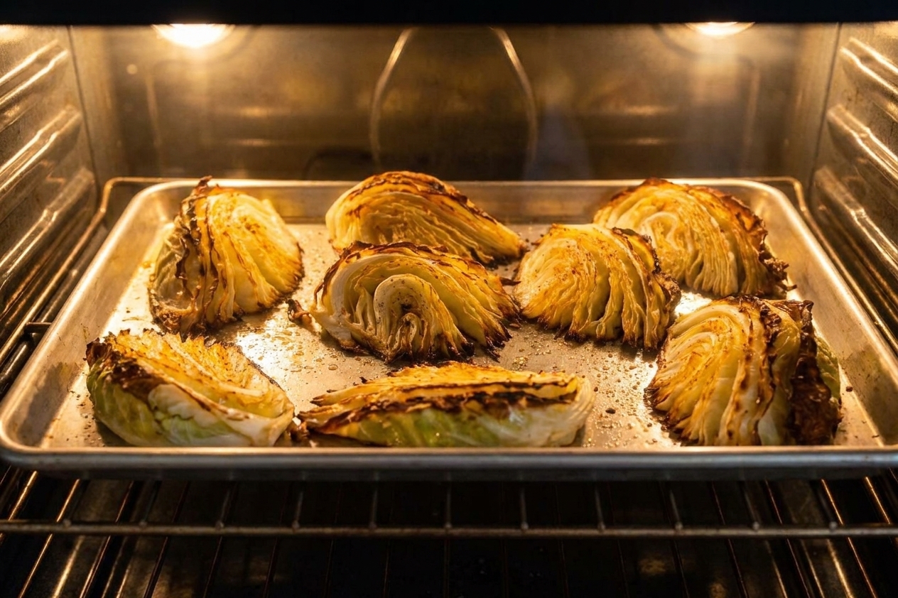 A sheet pan of cabbage wedges roasting in an oven with browned edges starting to form, warm kitchen lighting