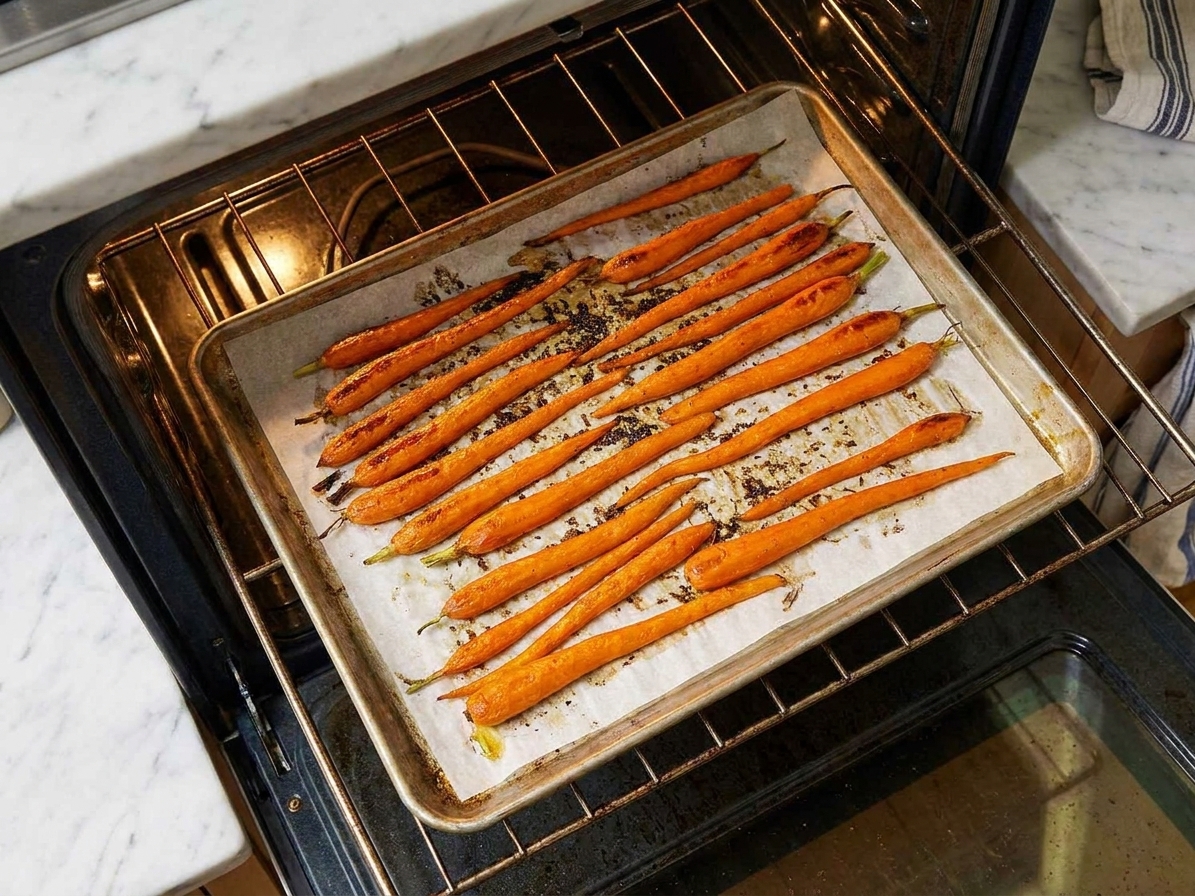 A sheet pan of carrots roasting in an oven, carrots spaced out and beginning to caramelize on the edges