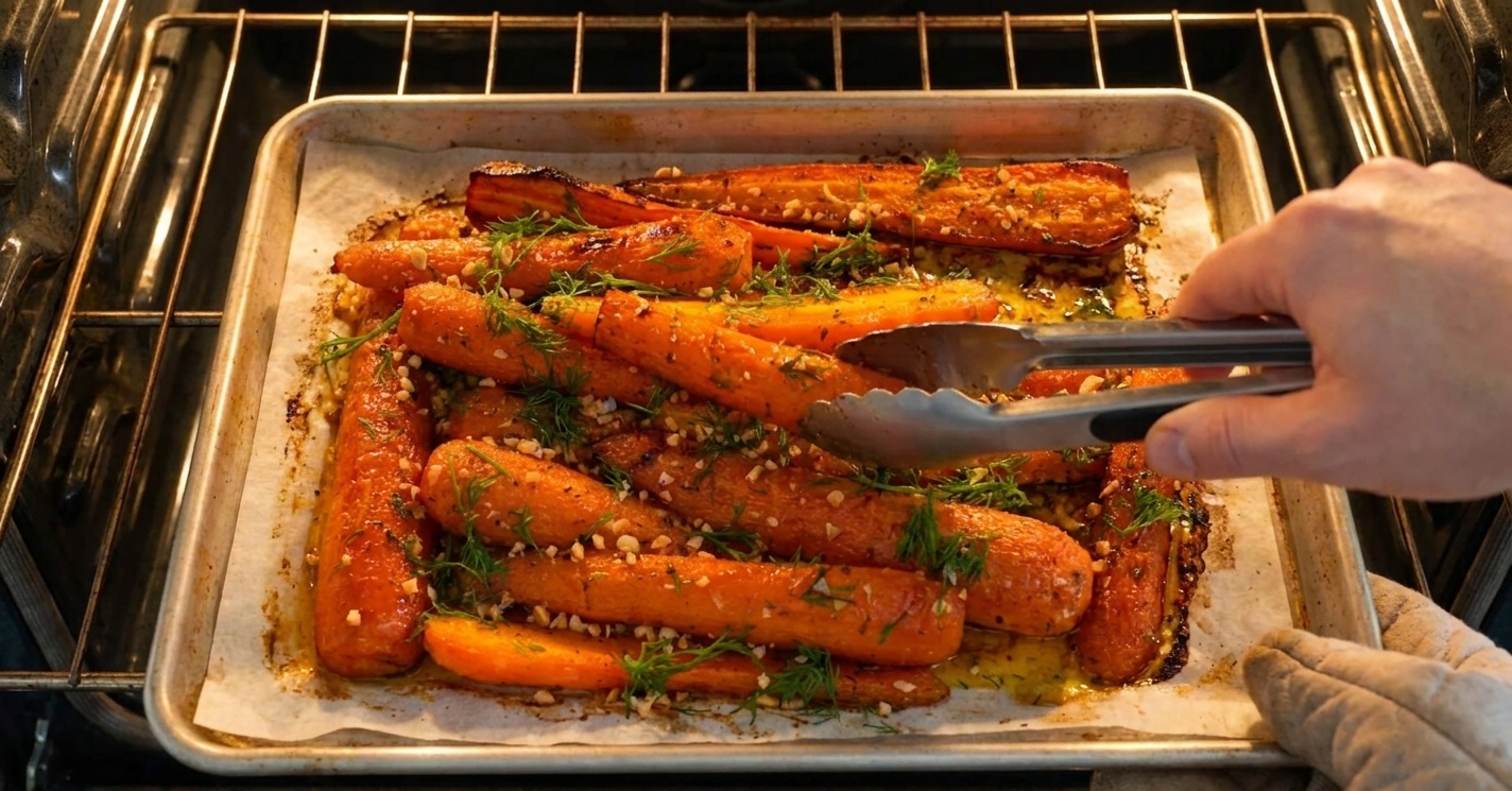 A sheet pan of carrots roasting in an oven with lightly browned edges and caramelized spots