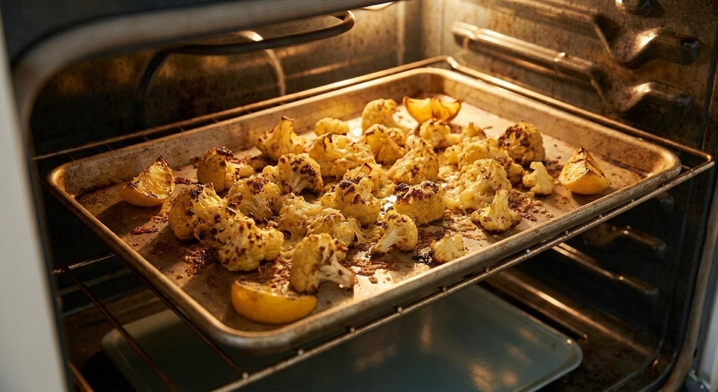 A sheet pan of cauliflower florets roasting in an oven with browned edges starting to form under warm kitchen lighting
