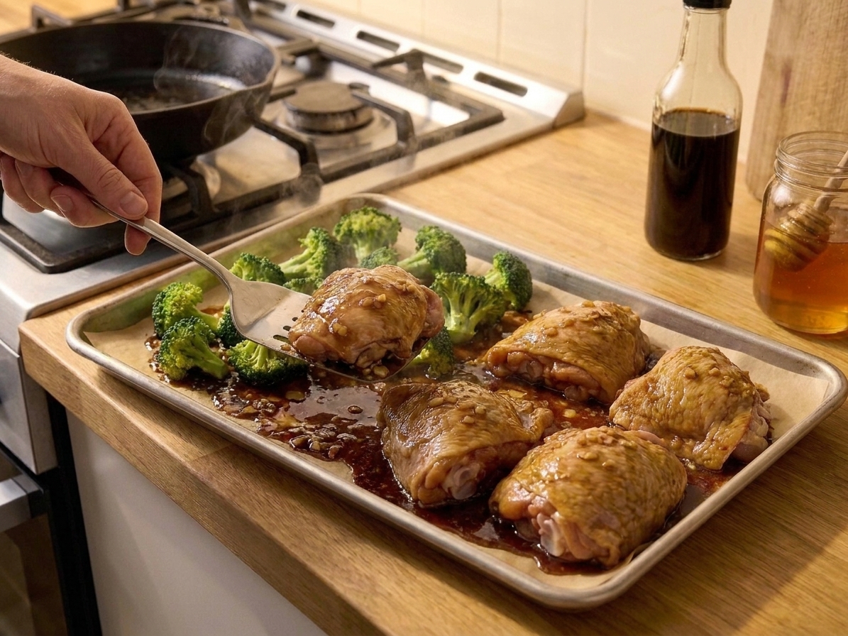 A sheet pan of chicken and broccoli roasting with caramelized sauce bubbling around the chicken