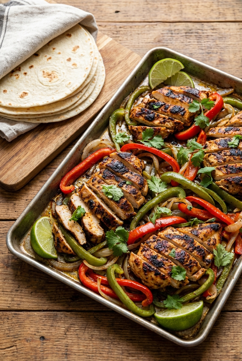 A sheet pan of chicken fajitas with peppers and onions, served with warm tortillas