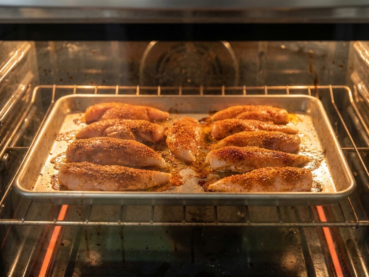 A sheet pan of chicken tenderloins baking in an oven, lightly browned around the edges