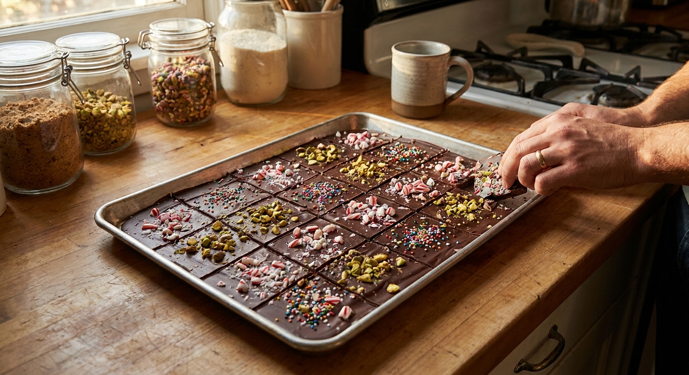 A sheet pan of chocolate bark scored into 24 squares with assorted toppings like crushed candy canes, pistachios, and sprinkles on a warm kitchen counter