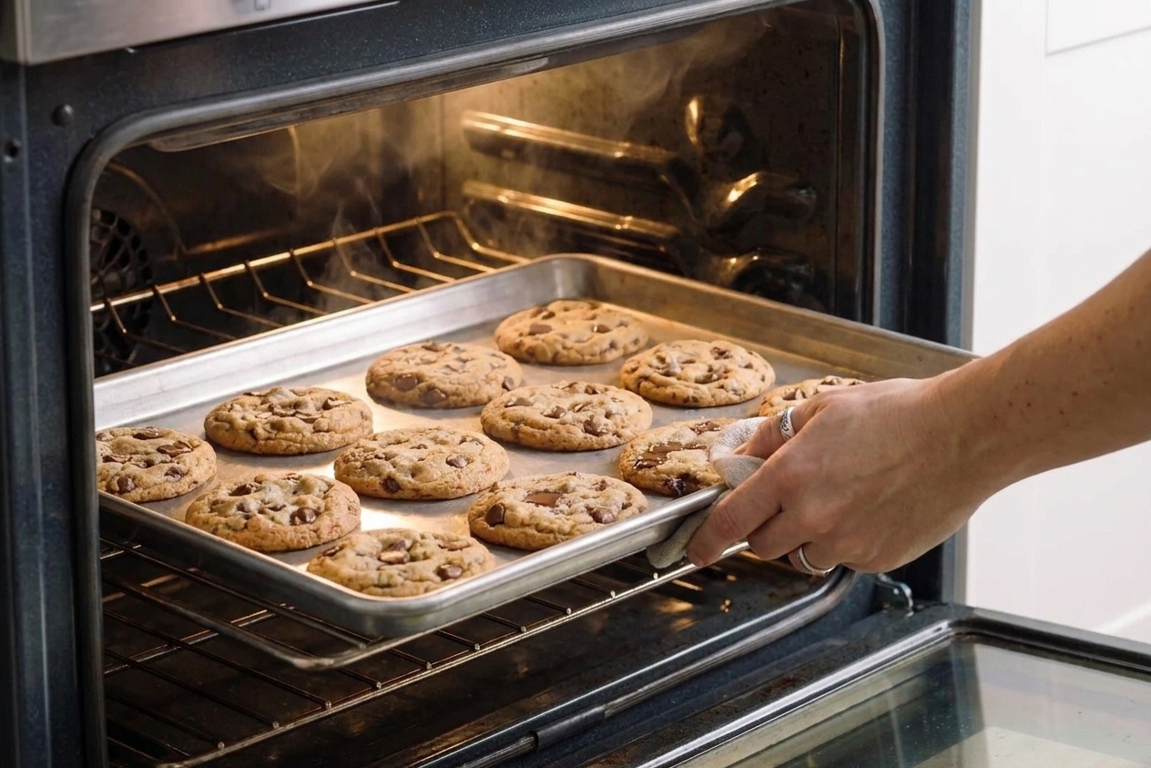 A sheet pan of chocolate chip cookies baking in a home oven, cookies spread and turning golden at the edges