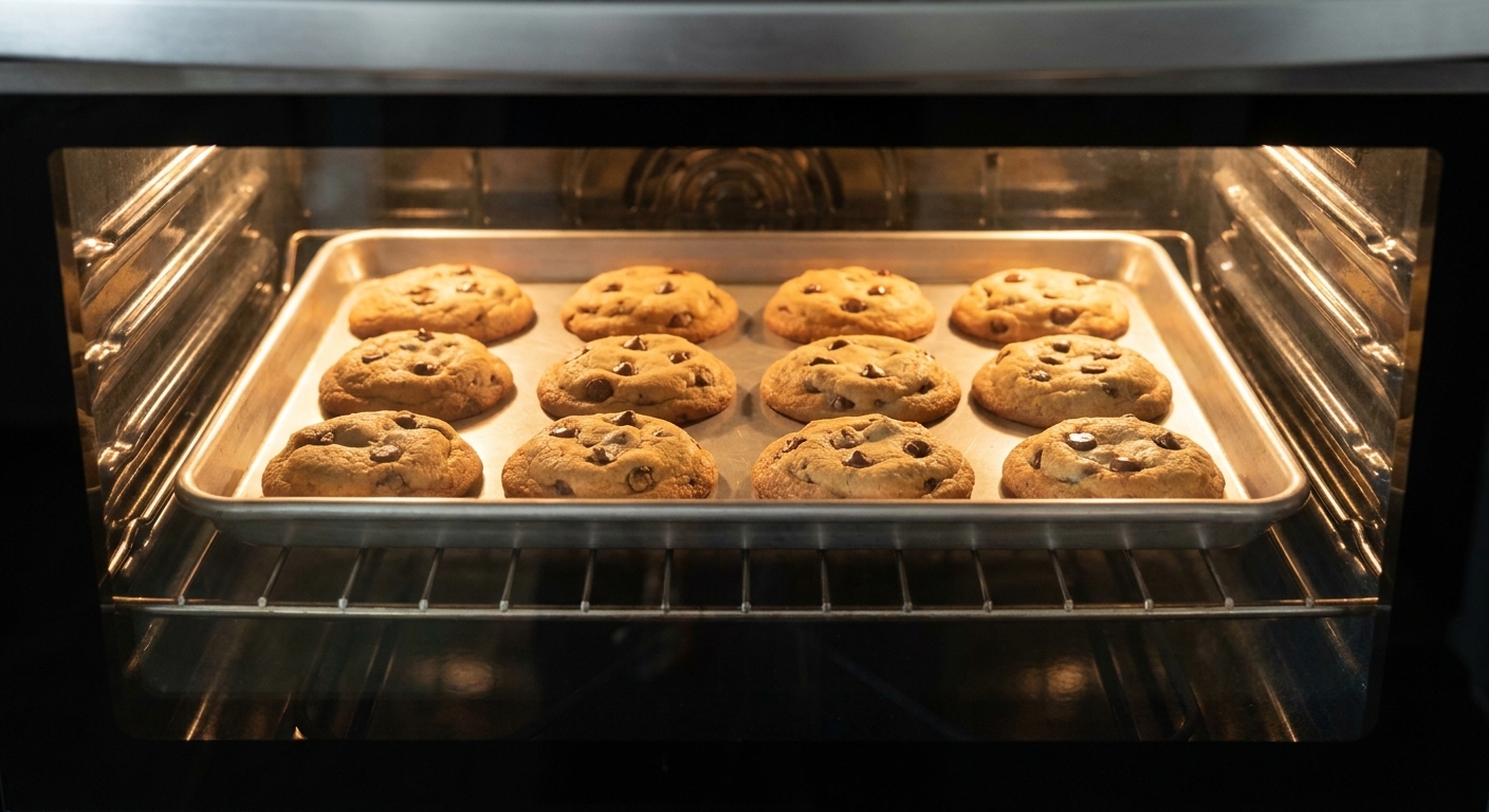 A sheet pan of chocolate chip cookies baking in an oven, cookies puffed and turning golden at the edges